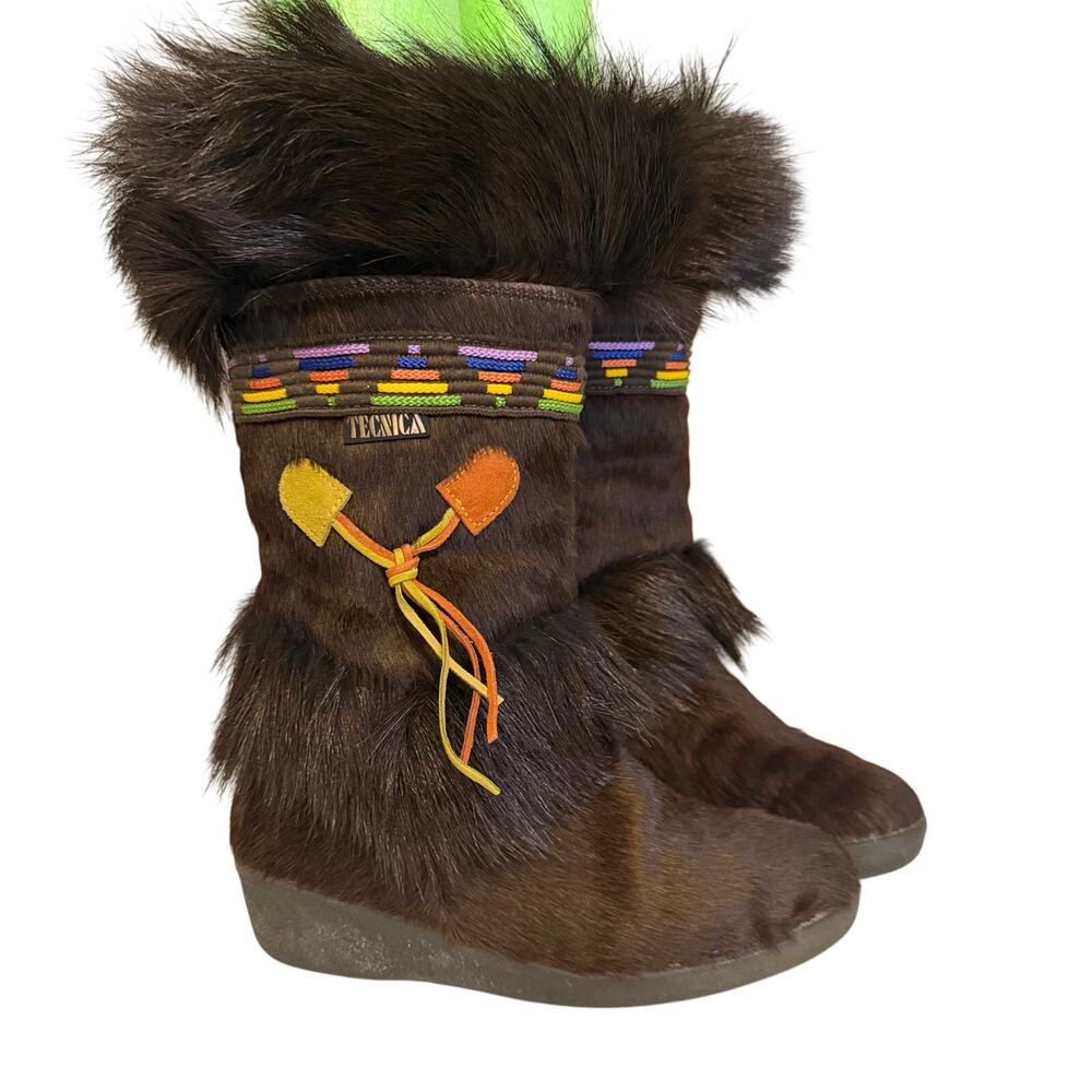 Vintage Tecnica Apres After Ski Boots Goat Fur Womens Size 38 US 7.5 Brown Italy